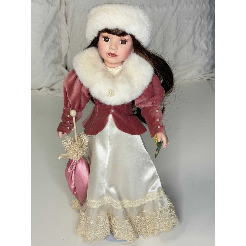 Brass Key Collection Porcelain Doll 16in Pink Excellent Winter Parasol NB-D05